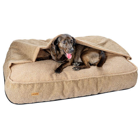 XL Höhlenbett für Hunde in Beige mit Schlupftasche